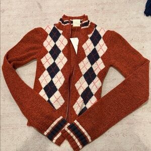 Urban Outfitters Rust Zip-Front Argyle Sweater with Navy and Cream